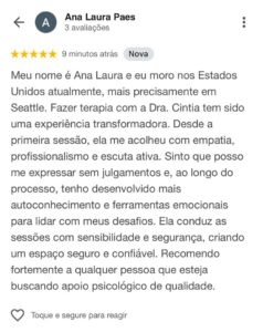 Depoimento de uma brasileira que mora nos EUA e faz terapia com a Dra. Cíntia Alves.